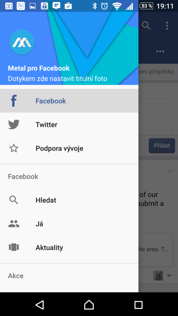 Postranní nabídka aplikace Metal