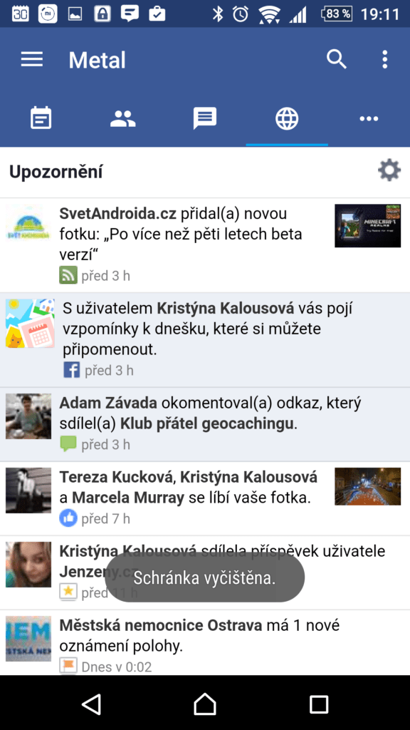Sekce upozornění Facebooku