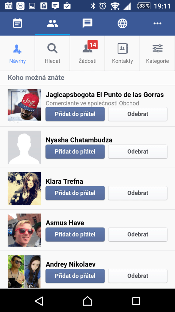 Sekce pro správu přátel