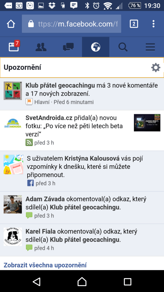Sekce upozornění