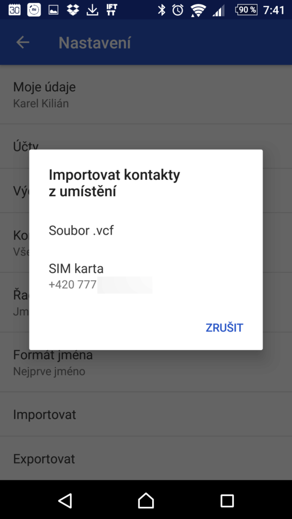 Dialog importu kontaktů