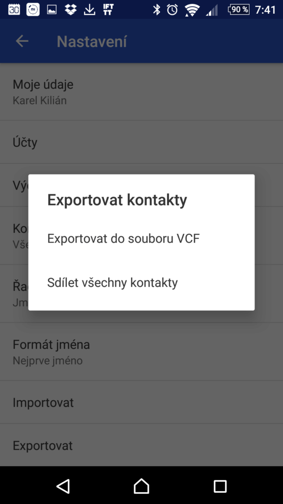 Dialog exportu kontaktů