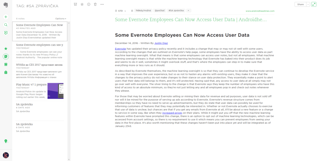 Zaměstnanci Evernote mají dle nových podmínek přístup k datům uživatelů