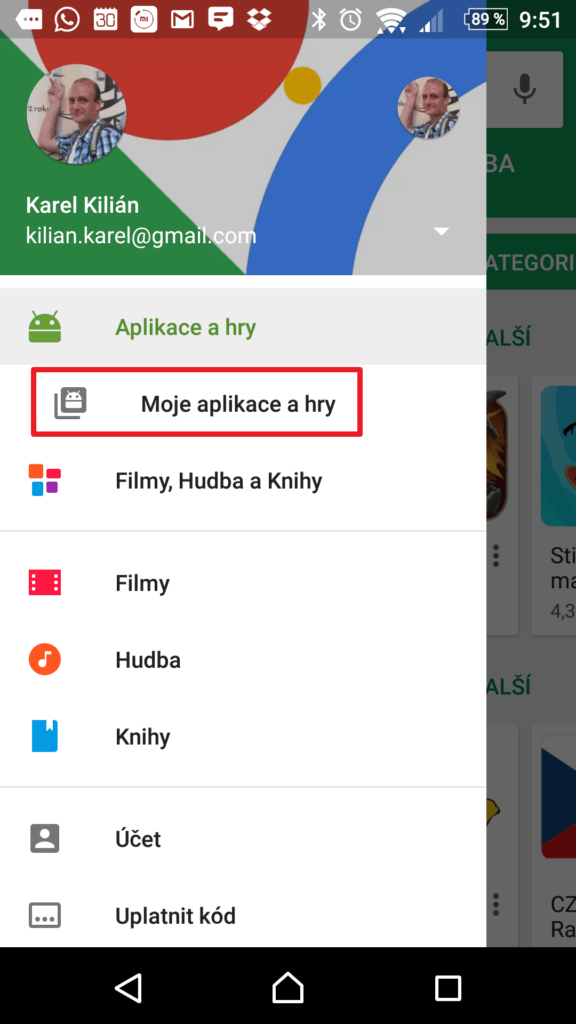 Sekce Moje aplikace a hry