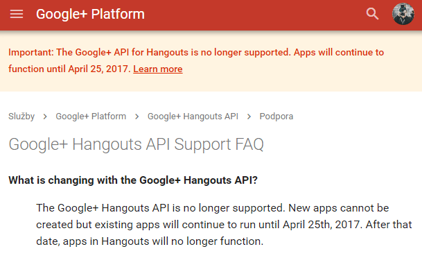 hangouts api - oznámení o zastavení podpory