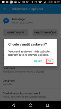 Potvrďte vynucení zastavení aplikace