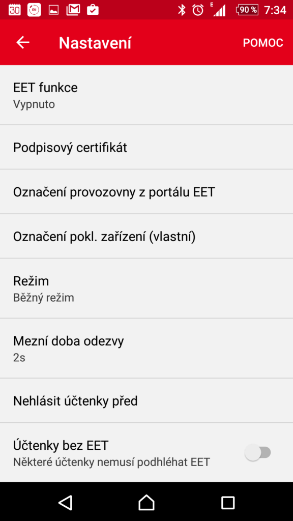 Sekce Elektronická evidence tržeb