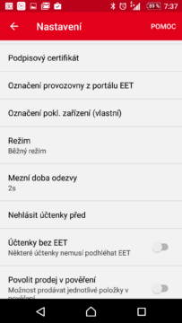 Nastavení parametrů EET Nastavení parametrů EET