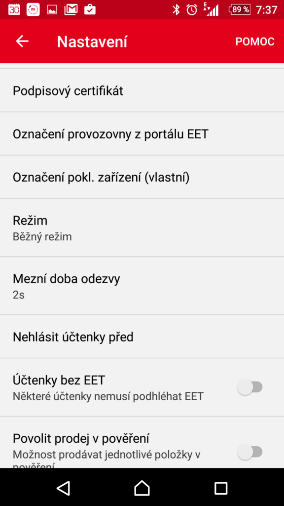 Nastavení parametrů EET
