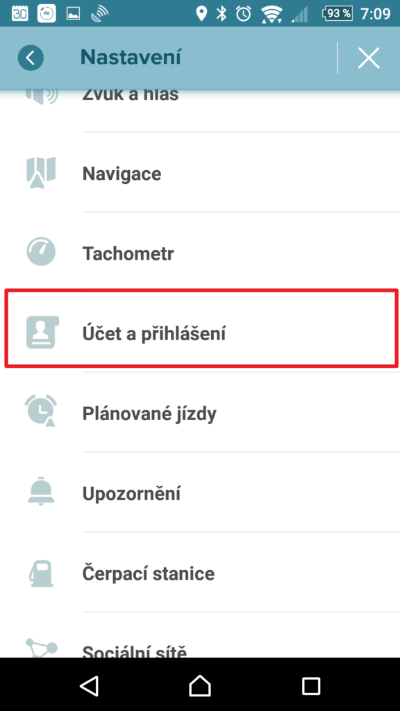 Sekce Účet a přihlášení