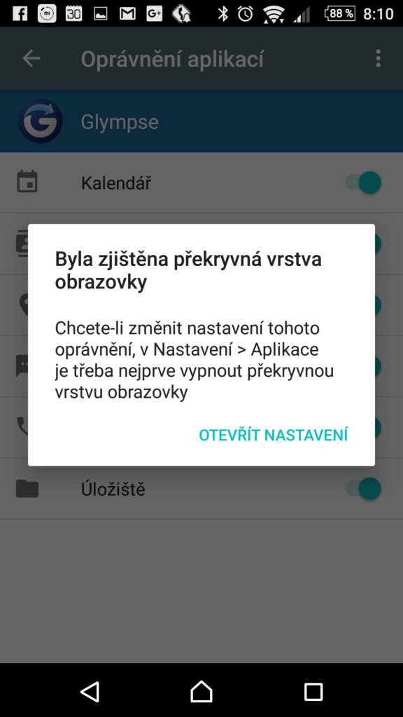 Hlášení Byla zjištěna překryvná vrstva obrazovky