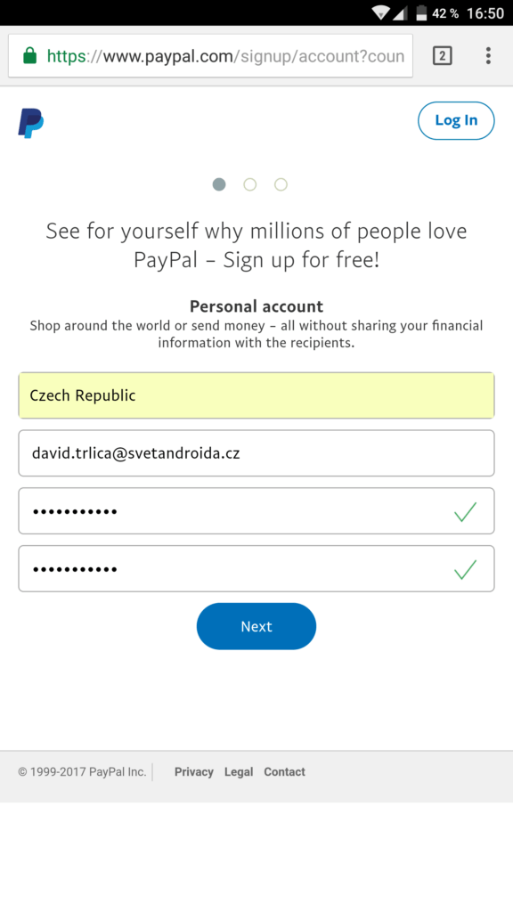 PayPal registrace 1
