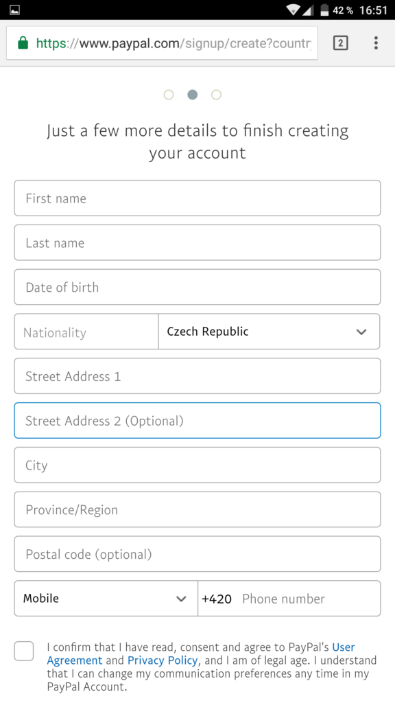 PayPal registrace 2