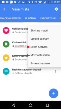 Možnosti sdílení seznamu