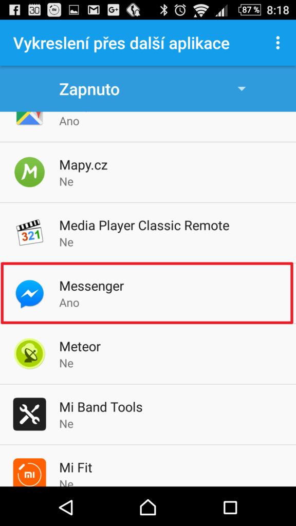 Messenger má povolené vykreslení přes další aplikace