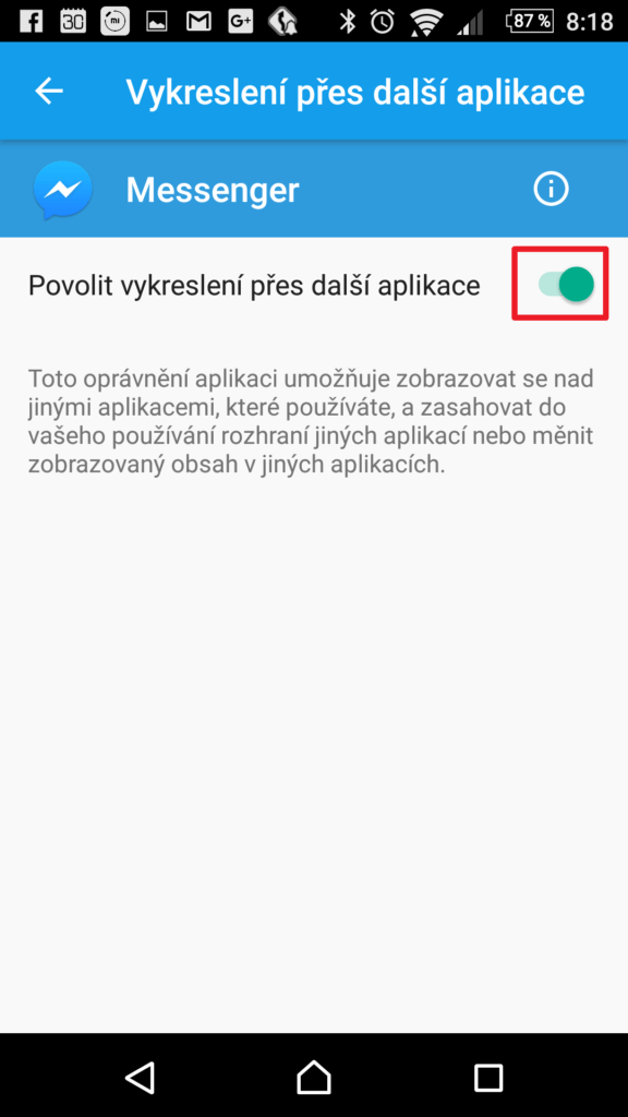 Messenger má povolené vykreslení přes další aplikace