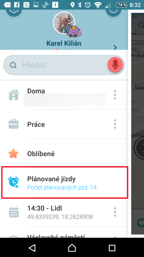 Naplánované cesty najdete v nabídce Plánované jízdy