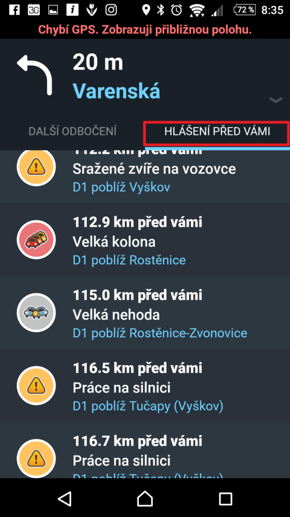 Sekce Hlášení před vámi