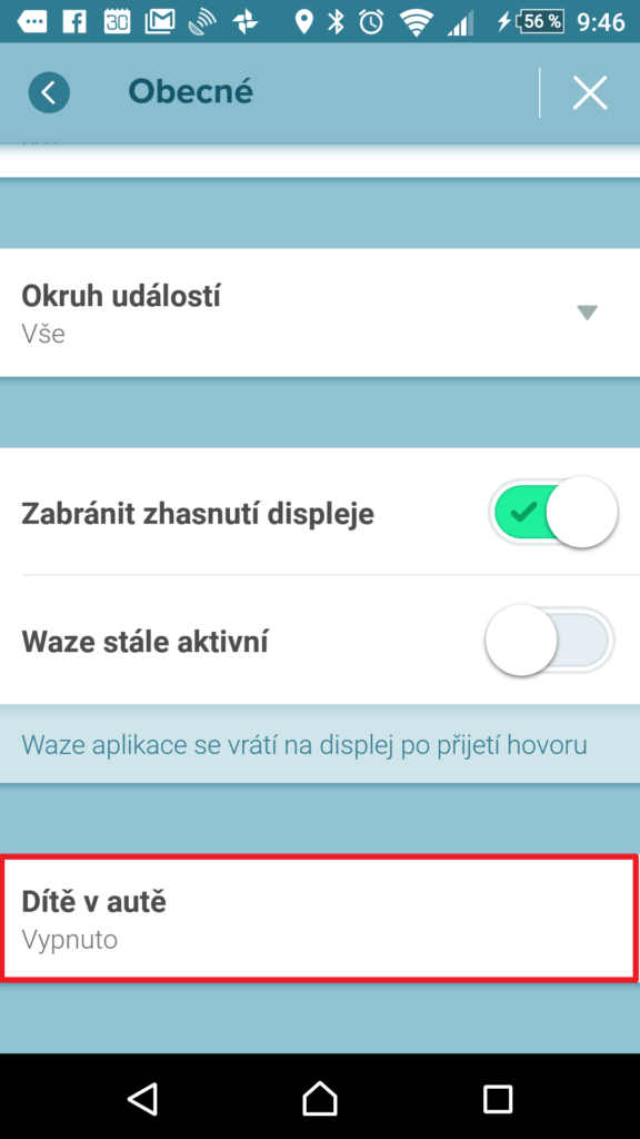 Otevřete volbu Dítě v autě