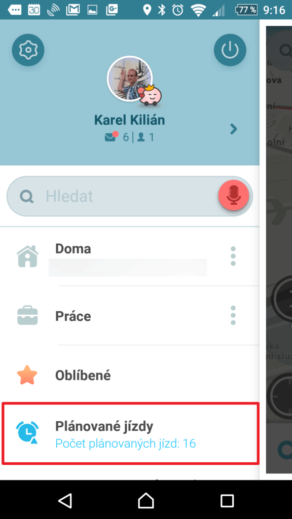 Plánované jízdy v postranní nabídce