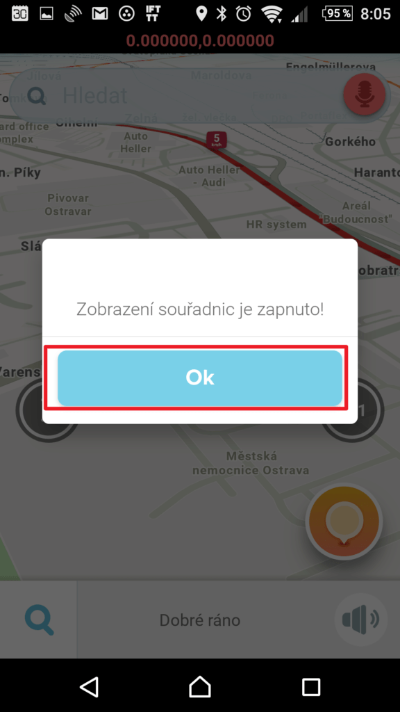 Zobrazení souřadnic je zapnuto