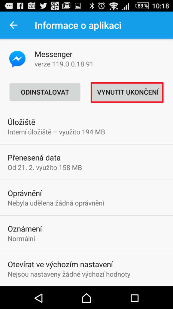 Tlačítko Vynutit ukončení
