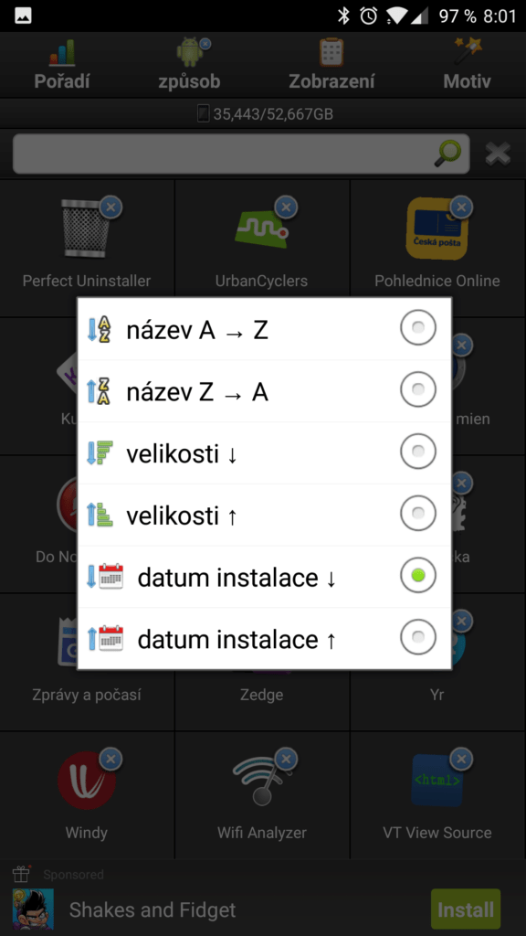 Možnosti řazení ikon