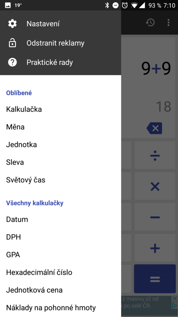 Postranní nabídka funkcí