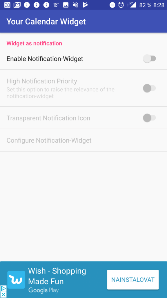 Your Calendar Widget Nastavení widgetu v oznámeních