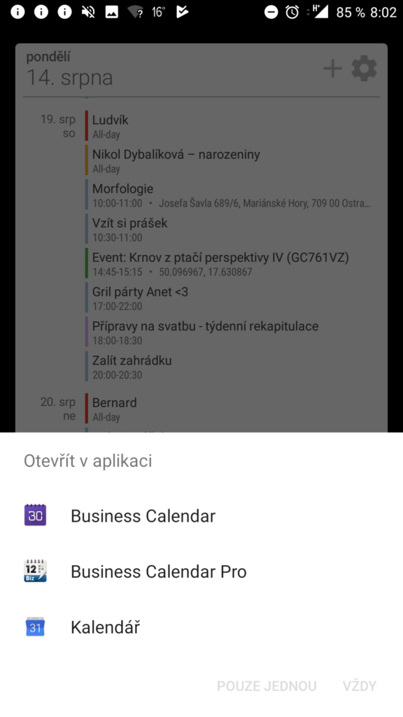 Otevření události v aplikaci