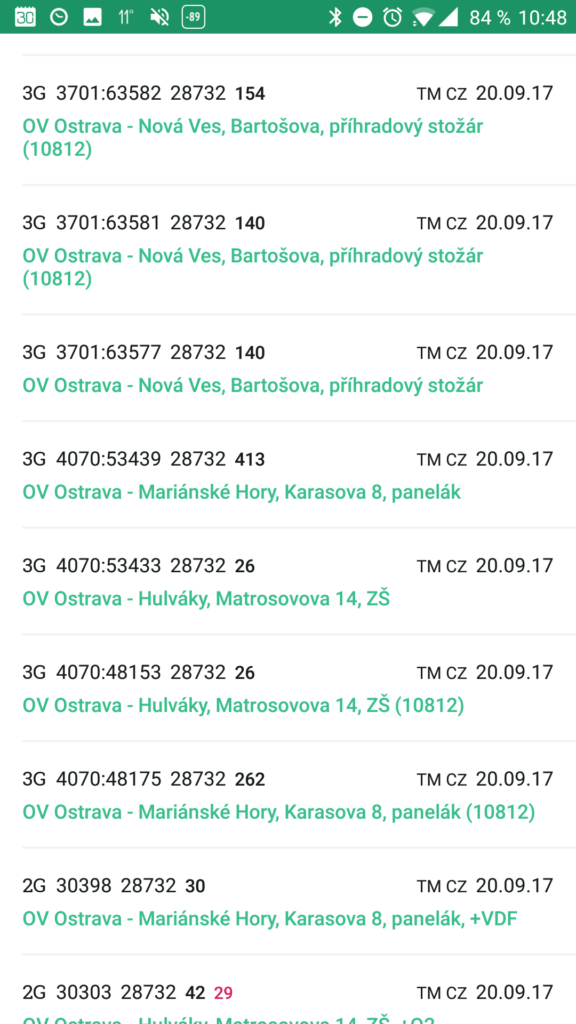 Log zaznamenaných BTS