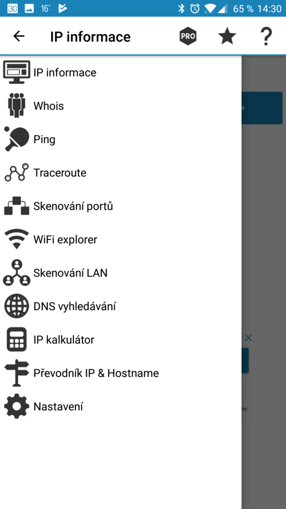 Postranní nabídka IP Tools