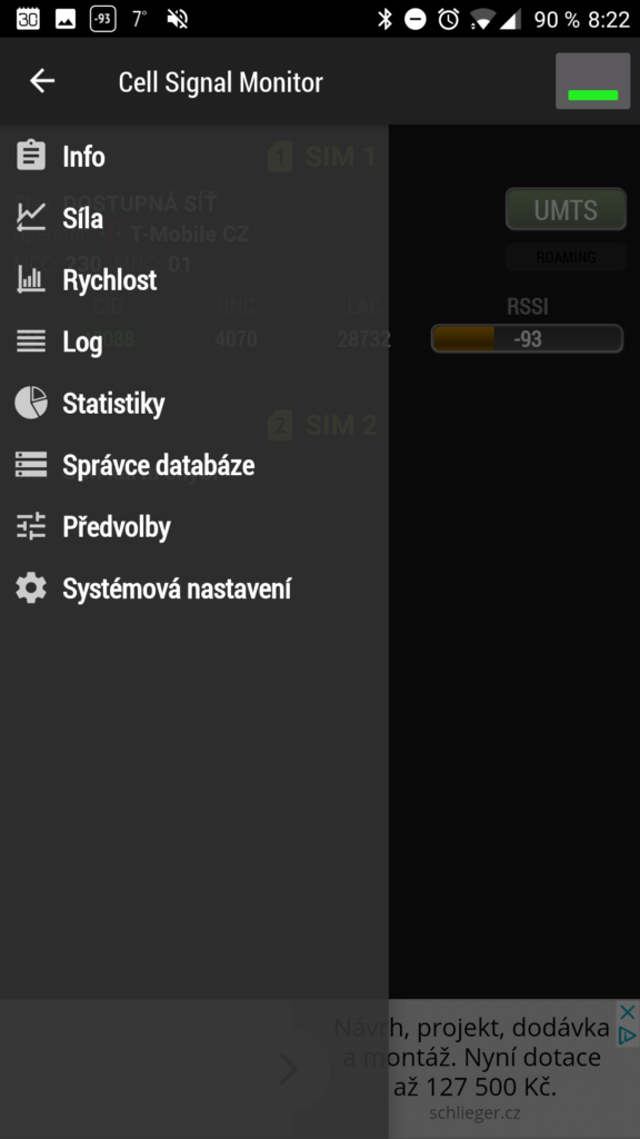 Postranní nabídka aplikace
