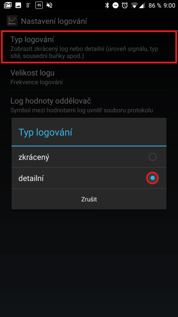 Typ logování: detailní