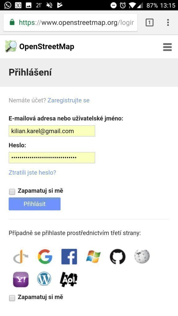 Přihlášení k OpenStreetMap
