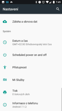 Telefon Xiaomi MI A1-system- nastaveni