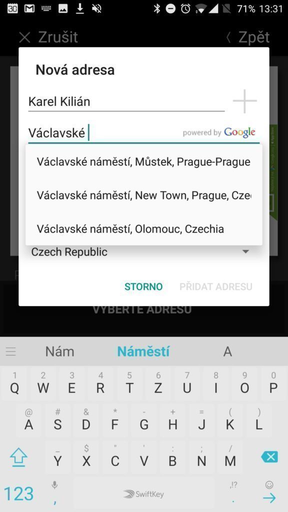 Zadání adresy příjemce