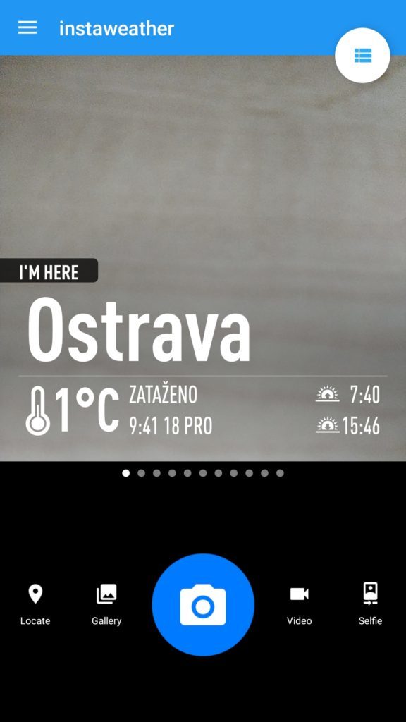 Hlavní obrazovka aplikace Instaweather