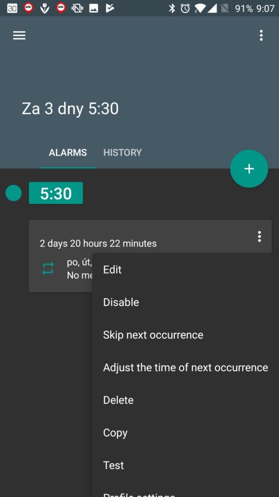 Kontextová nabídka budíku