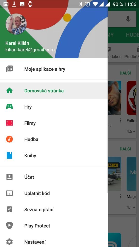 Postranní nabídka mobilní aplikace
