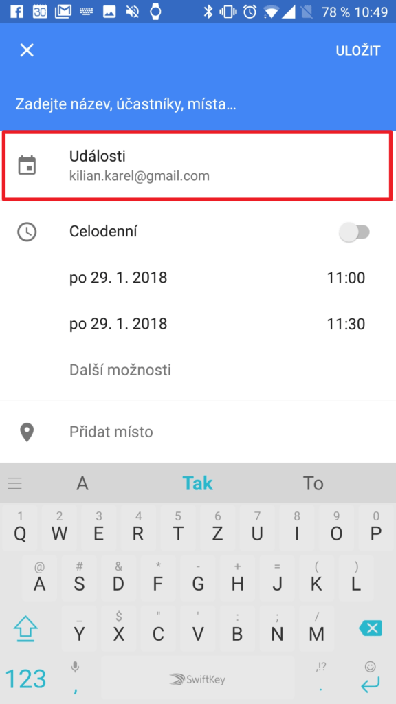 Vyberte kalendář, do kterého chcete událost uložit