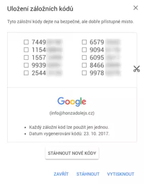 dvoufazove overeni od googlu-kody