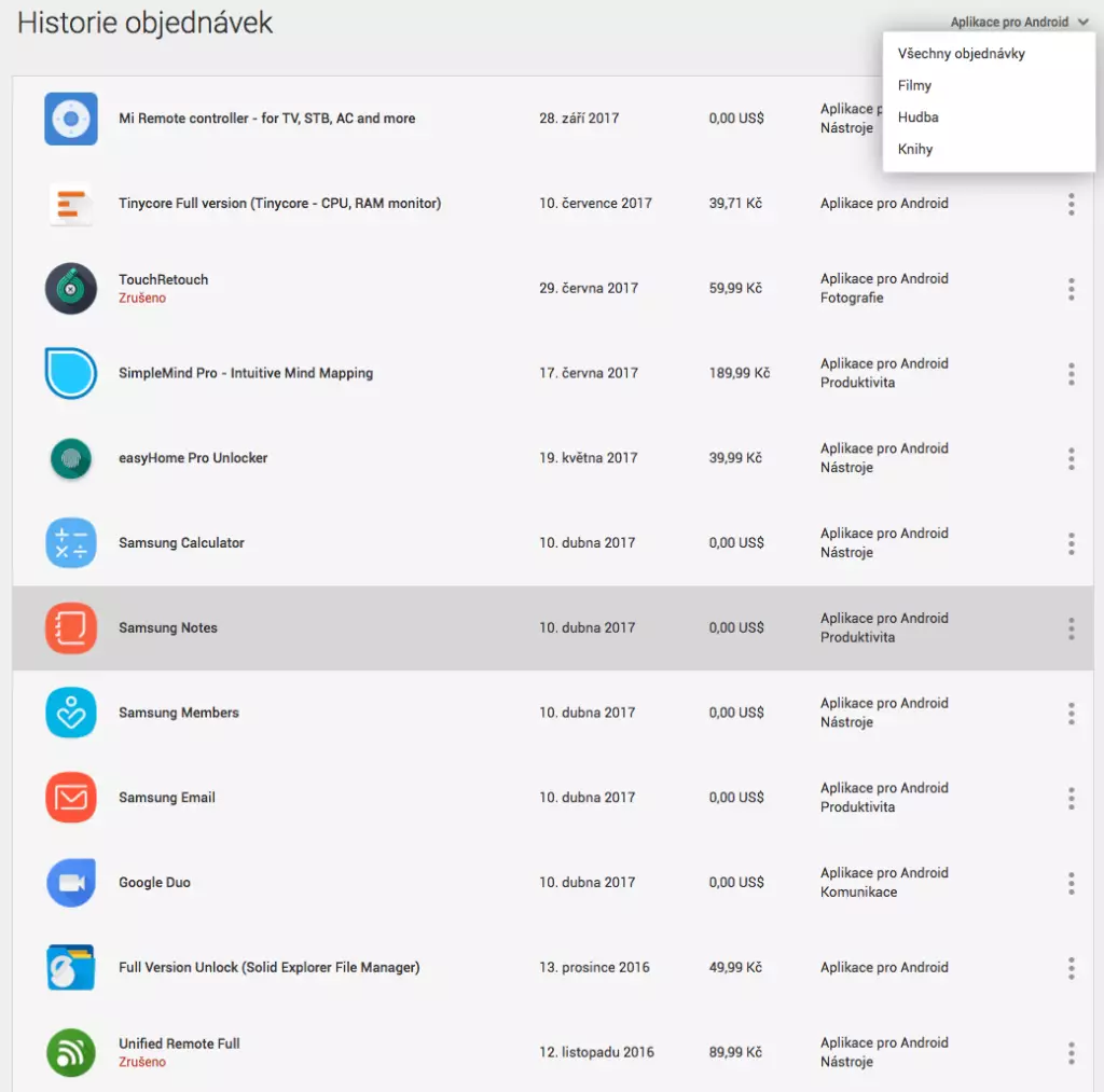 seznam koupenych aplikaci Google Play