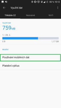 Sekce Používání mobilních dat