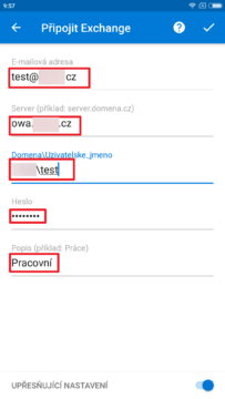 Zadejte adresu Exchange Serveru a další údaje