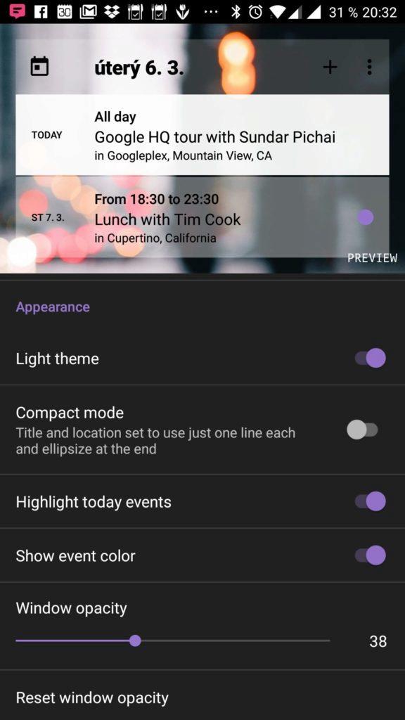 Widget ve světlém tématu
