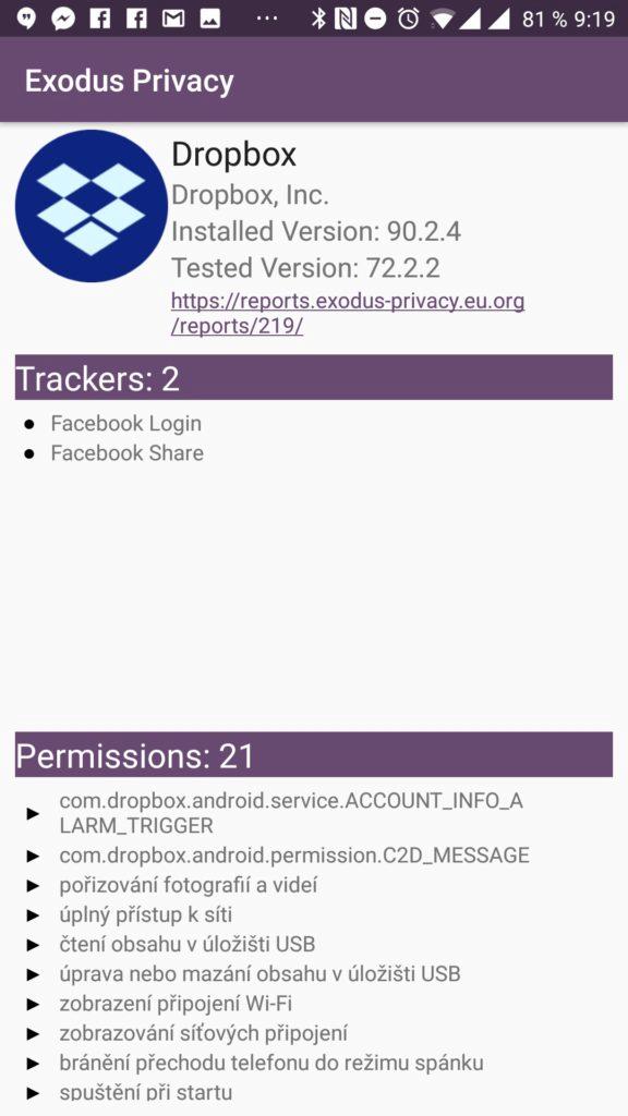 Exodus Privacy - Oprávnění aplikace Dropbpx