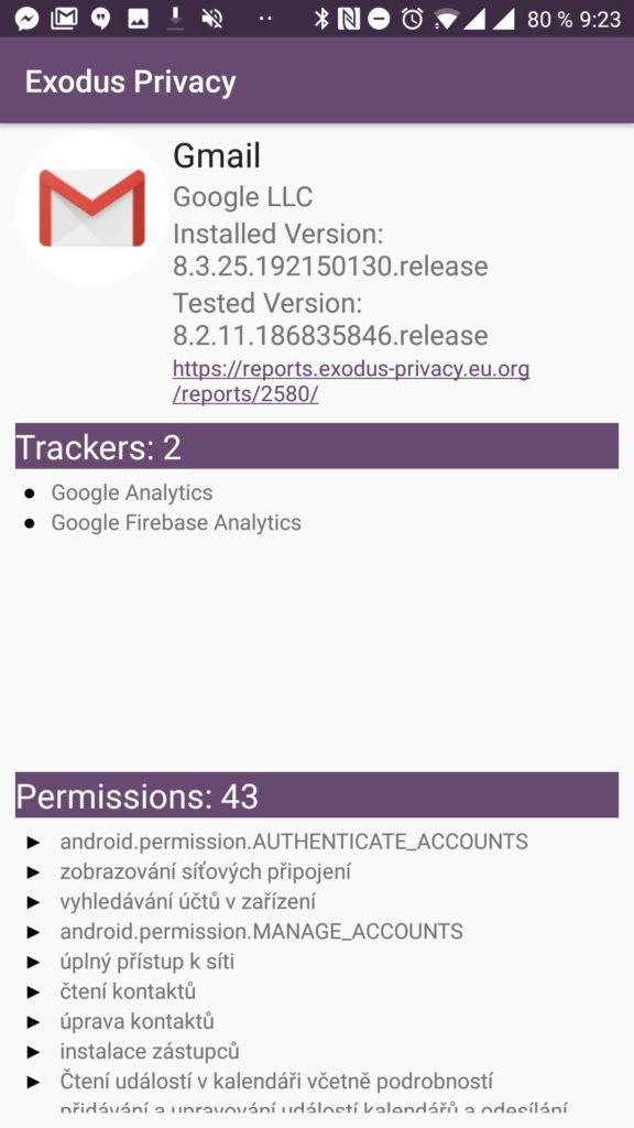 Exodus Privacy - Oprávnění aplikace Gmail