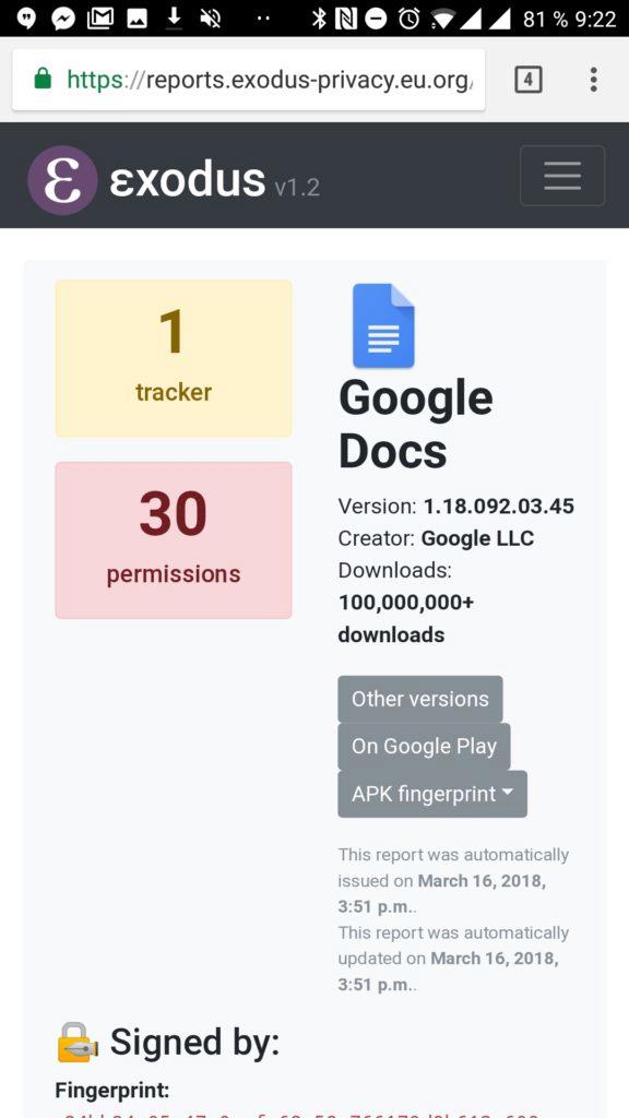 Exodus Privacy - Zobrazení na webu služby