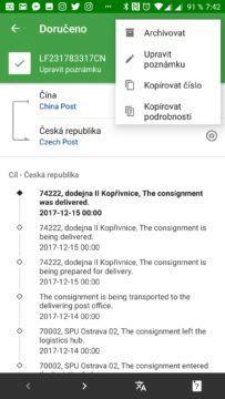 Kontextová nabídka zásilky 17Track